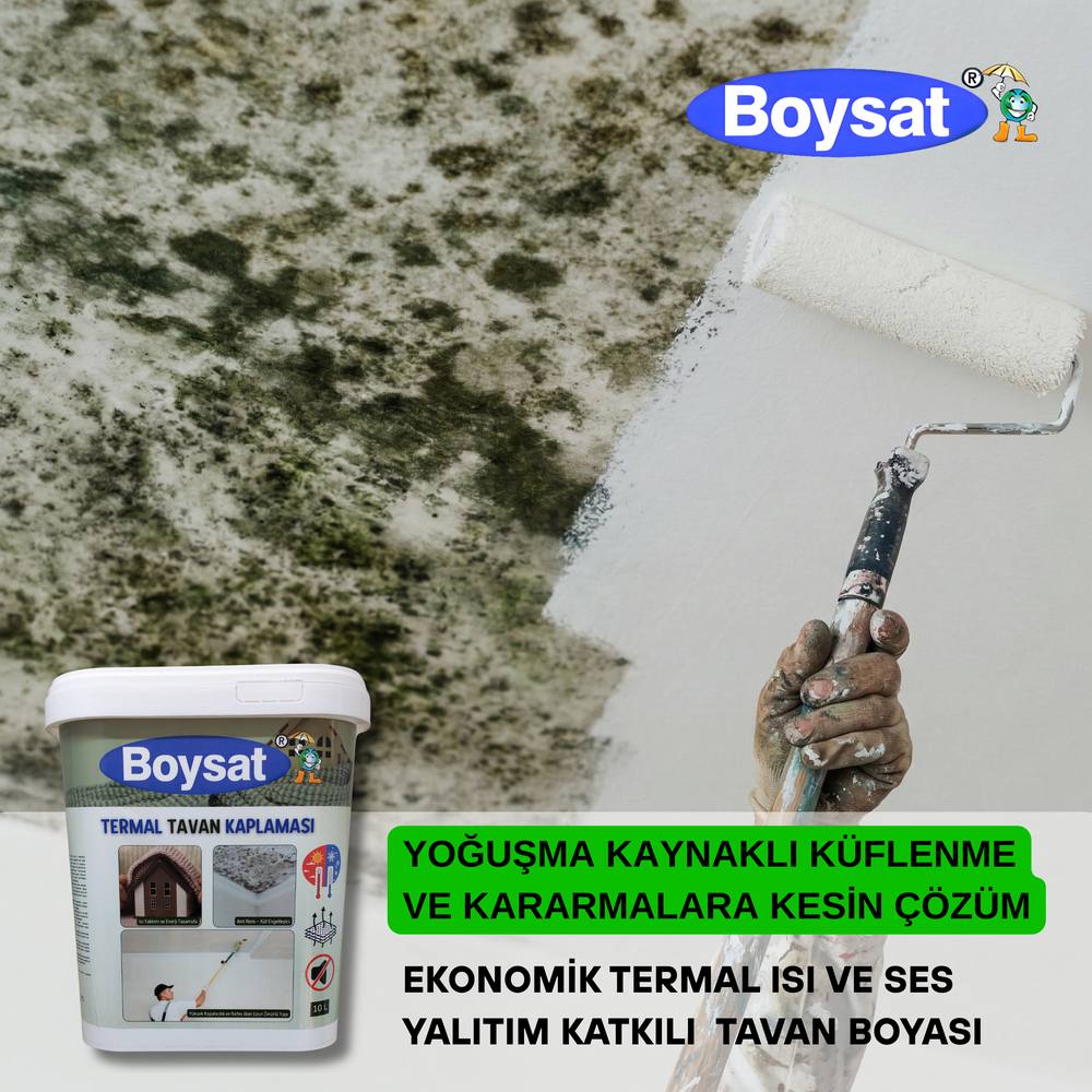 Küflü tavanın Boysat Termal Tavan Boyası ile boyanması — tek karede önce ve sonra